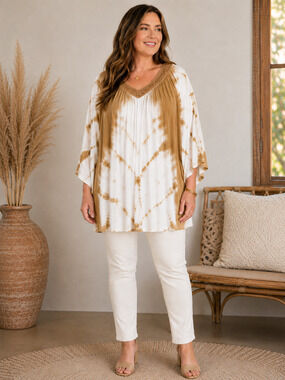 Chico's Womens Size 1 L Tan White Tie Dye Lace V Neck Kimono Sleeve Tunic Top
